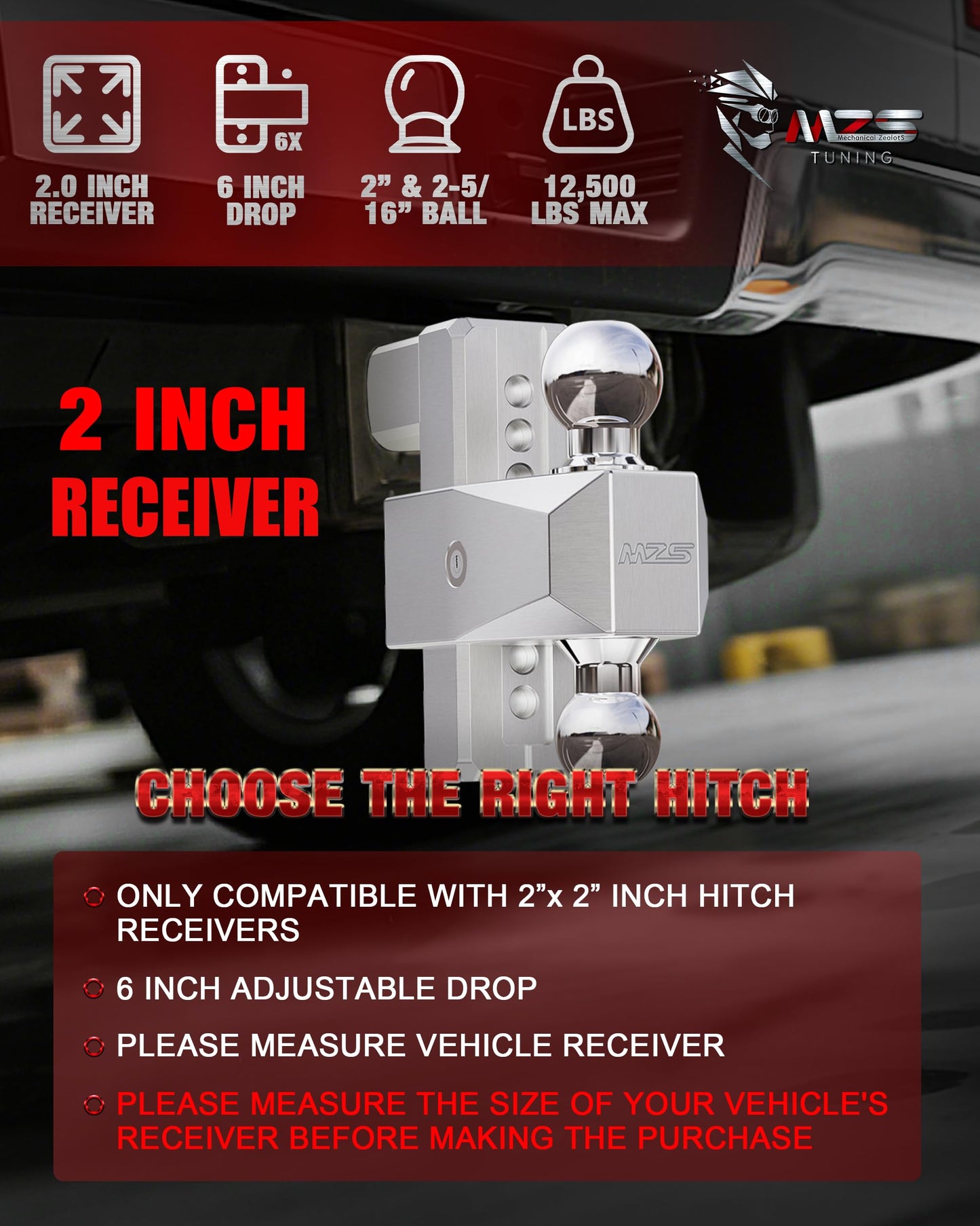 MZS Adjustable Trailer Hitch - Fits 2 Inch Receiver Hitch - 6-Inch Adjustable Drop Hitch - Heavy Duty Aluminum Tow Hitch for Truck(12,500 LBS GTW) Chrome