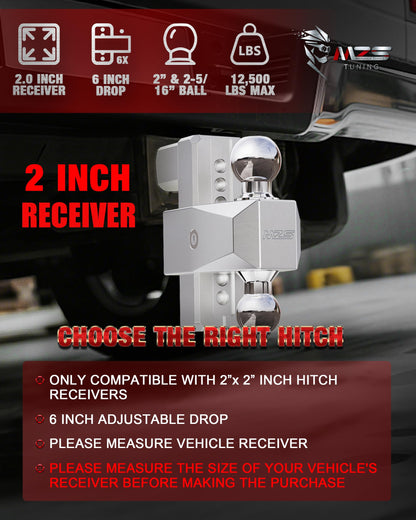 MZS Adjustable Trailer Hitch - Fits 2 Inch Receiver Hitch - 6-Inch Adjustable Drop Hitch - Heavy Duty Aluminum Tow Hitch for Truck(12,500 LBS GTW) Chrome