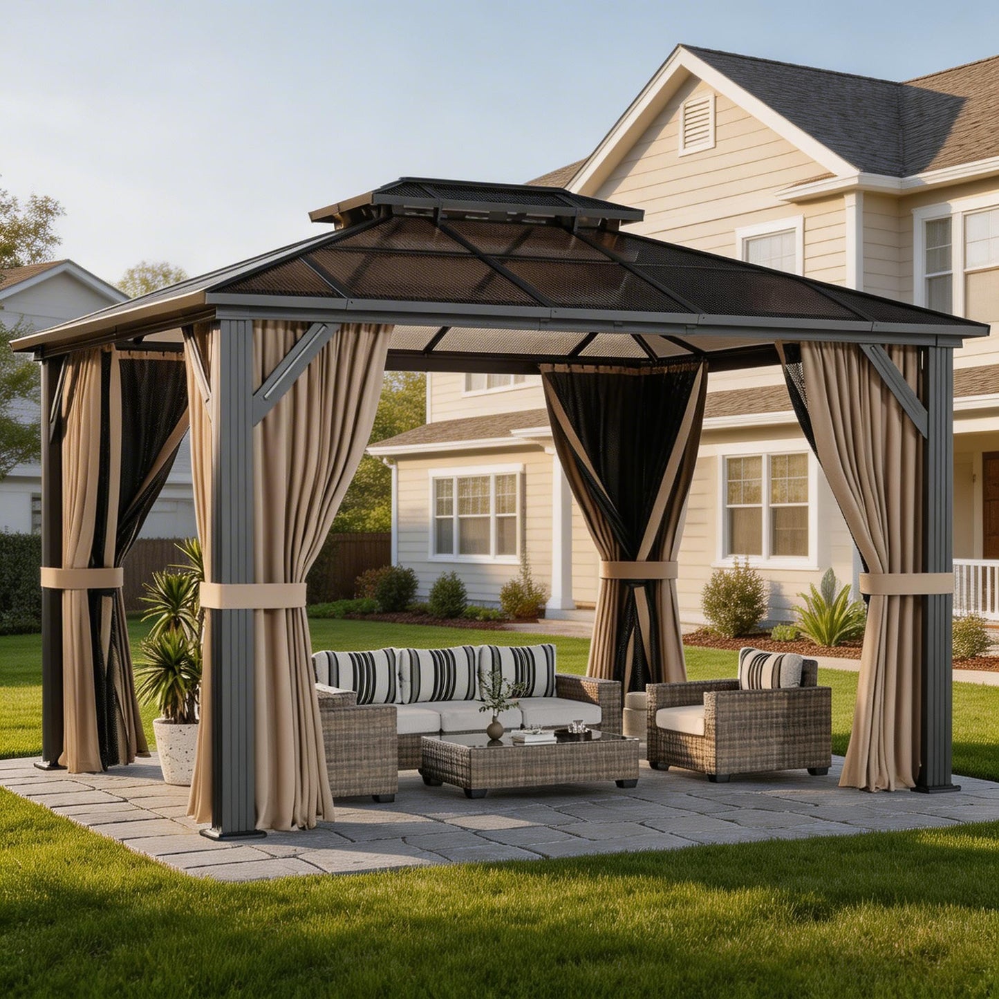 10' x 13' Hardtop Gazebo with Polycarbonate Double Roof, Aluminum Frame Permanent Pavilion with Curtains and Netting, Outdoor Gazebo for Patio Backyard (Khaki)