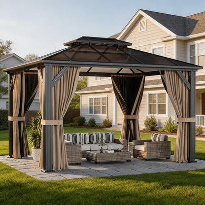 10' x 13' Hardtop Gazebo with Polycarbonate Double Roof, Aluminum Frame Permanent Pavilion with Curtains and Netting, Outdoor Gazebo for Patio Backyard (Khaki)