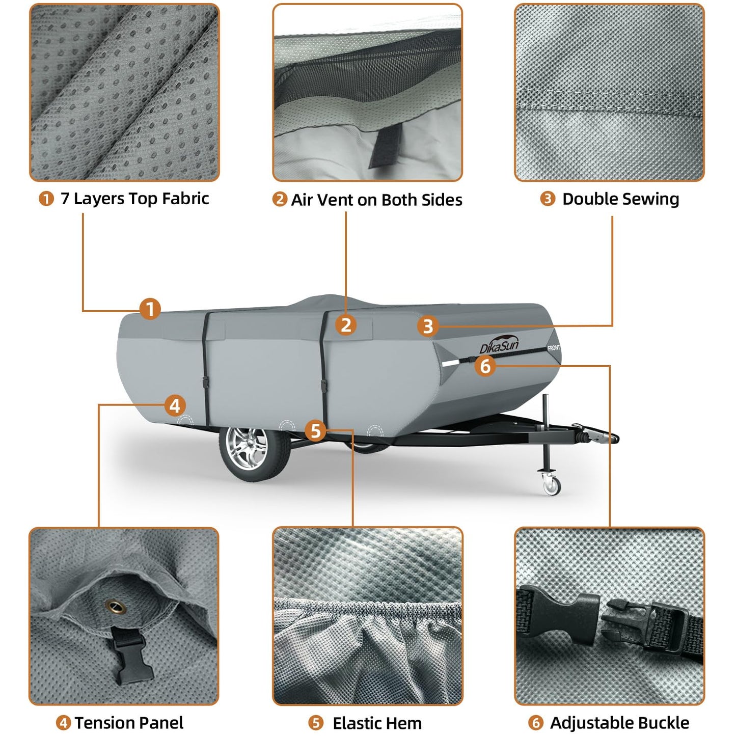 DikaSun Pop Up Camper Cover 14'-16', 7 Layers Waterproof Pop-up Tent Trailer Cover Anti-UV Folding Camper RV Cover for Motor Home