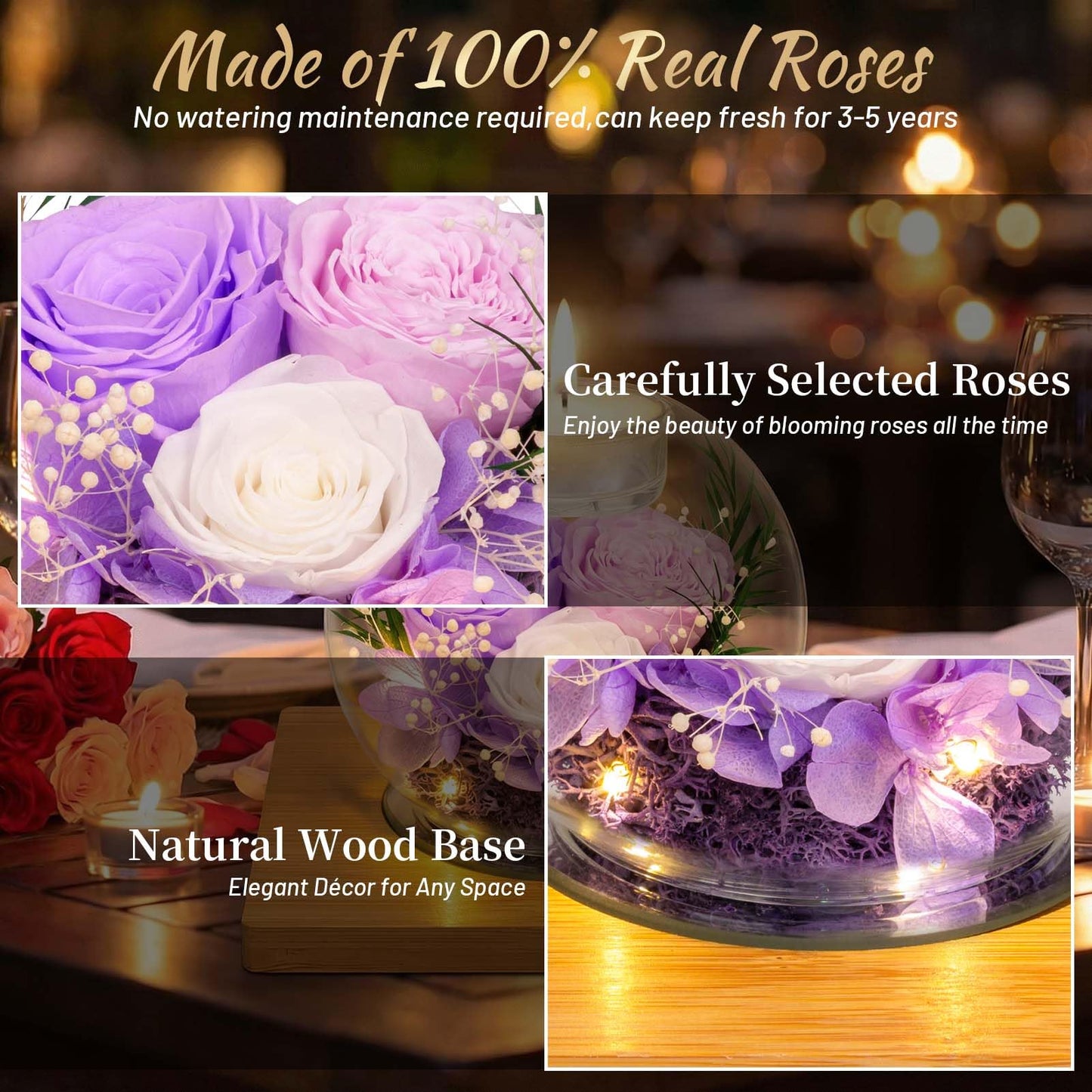 ENERLEAF Preserved Light Purple Real Rose in Glass with Scented Candles – Forever Flower Romantic Anniversary Christmas Birthday Valentines for Mom, Women, Wife, Girlfriend, Her, Grandma