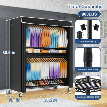 ULIFHOME P8C Max Heavy Duty Clothes Rack（With Extended Width Design） Rolling Clothing Racks for Hanging Clothes with Lockable Wheels，51.2"W x 15.8"D x 80.5"H，Load 800LBS，Black Rack with Black Cover