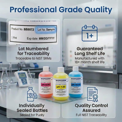 pH Buffer Calibration Solution 3-Pack: pH 4.00, pH 7.00, pH 10.00 Buffers — 500 mL (1.06 Pint) Each — Color Coded — NIST Traceable for All pH Meters