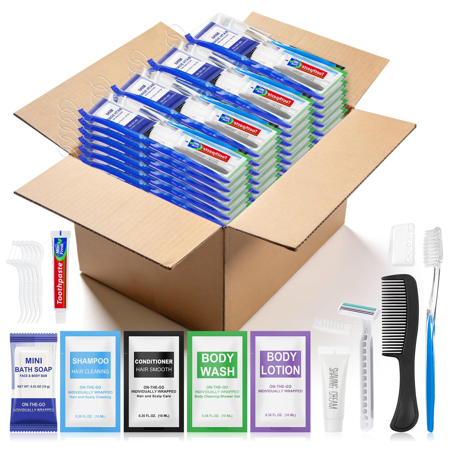 Xuezoioy Personal Hygiene Kit Bulk Pack of 100,Individually Wrapped 13-IN-1 Blue Disposable Basic Travel Toiletry Set Homeless Care Package Supplies for Men,Women,Guests,Charity