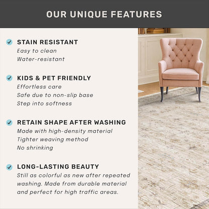 Skiennix Washable Ivory 5x7 Area Rug - Non-Slip Low Pile Carpet for Bedroom & Home Office
