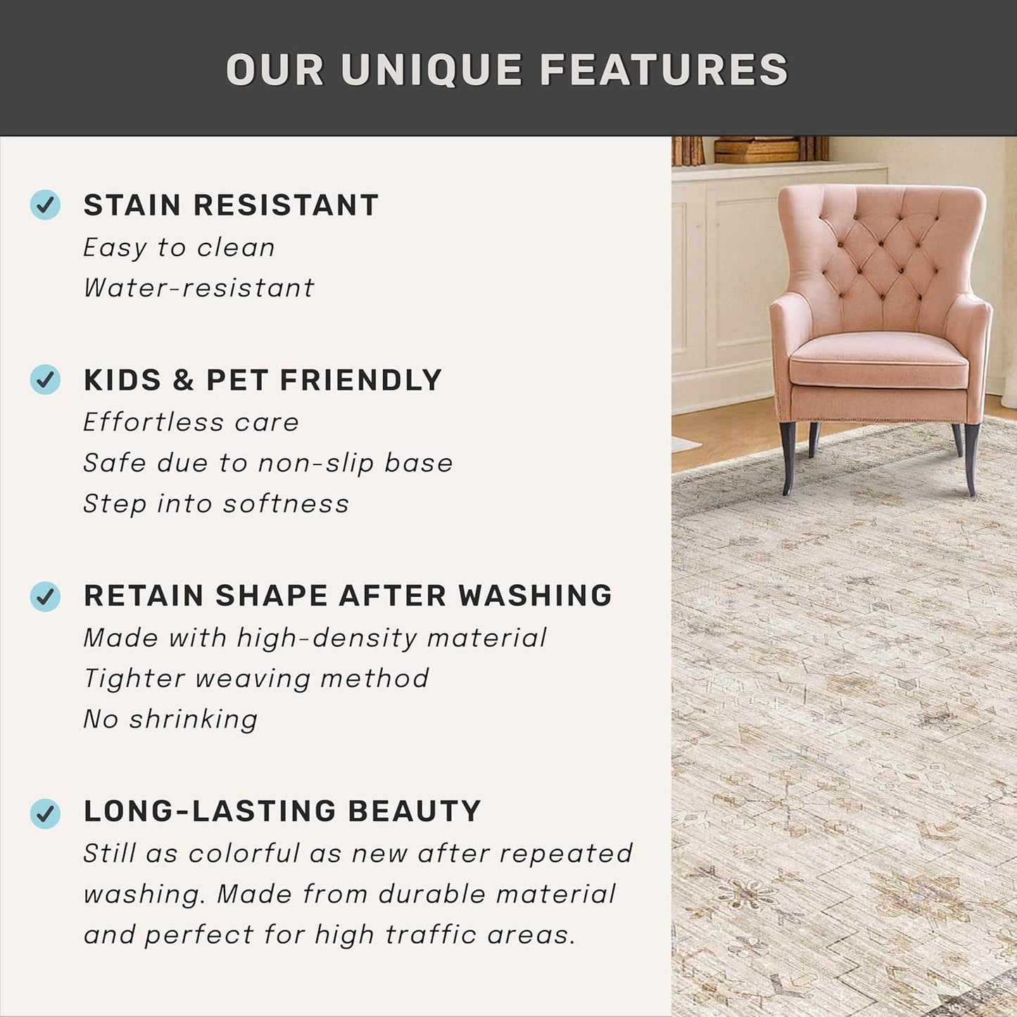 Beige Floral Runner Rug - 3x12 Washable Non-Slip Low-Pile | Vintage Distressed Oriental Carpet