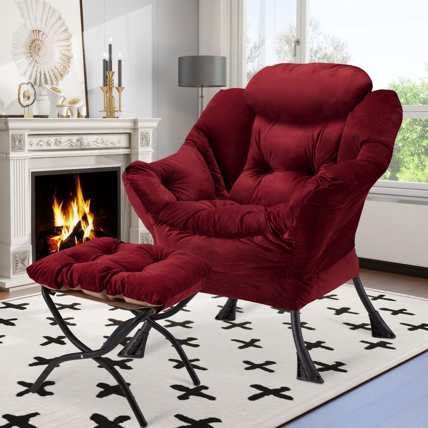 Avocahom Accent Lazy Chair with Ottoman,Leisure Sofa Armchair with Footrest,Oversized Reading Chair for Bedroom,Dorm Room,Living Room,Courtyard,Office,Dusty Rose