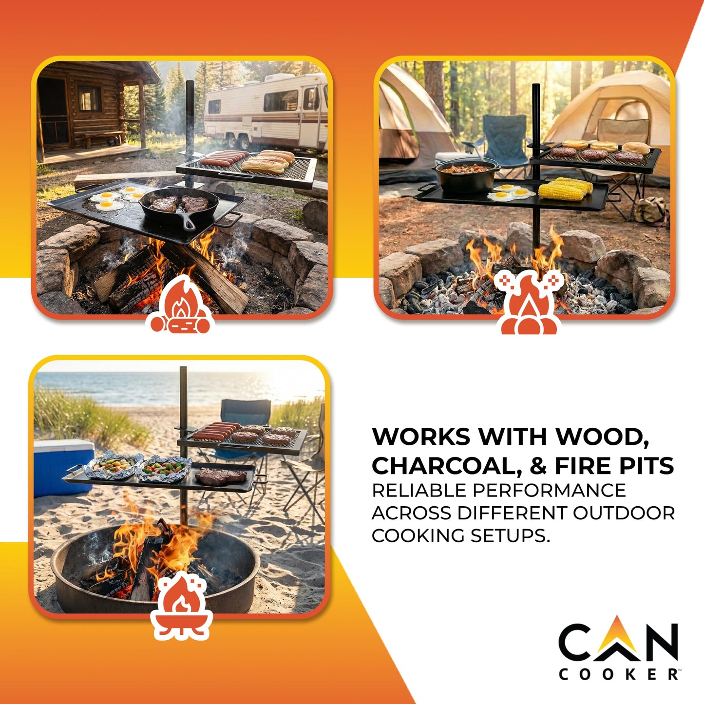 GameMaker Open Fire Cooking Grill – Portable Campfire Grill for Open Flame Cooking, Firepits, Outdoor Fire Rings & Camping – Heavy-Duty, Easy Setup & Adjustable Height