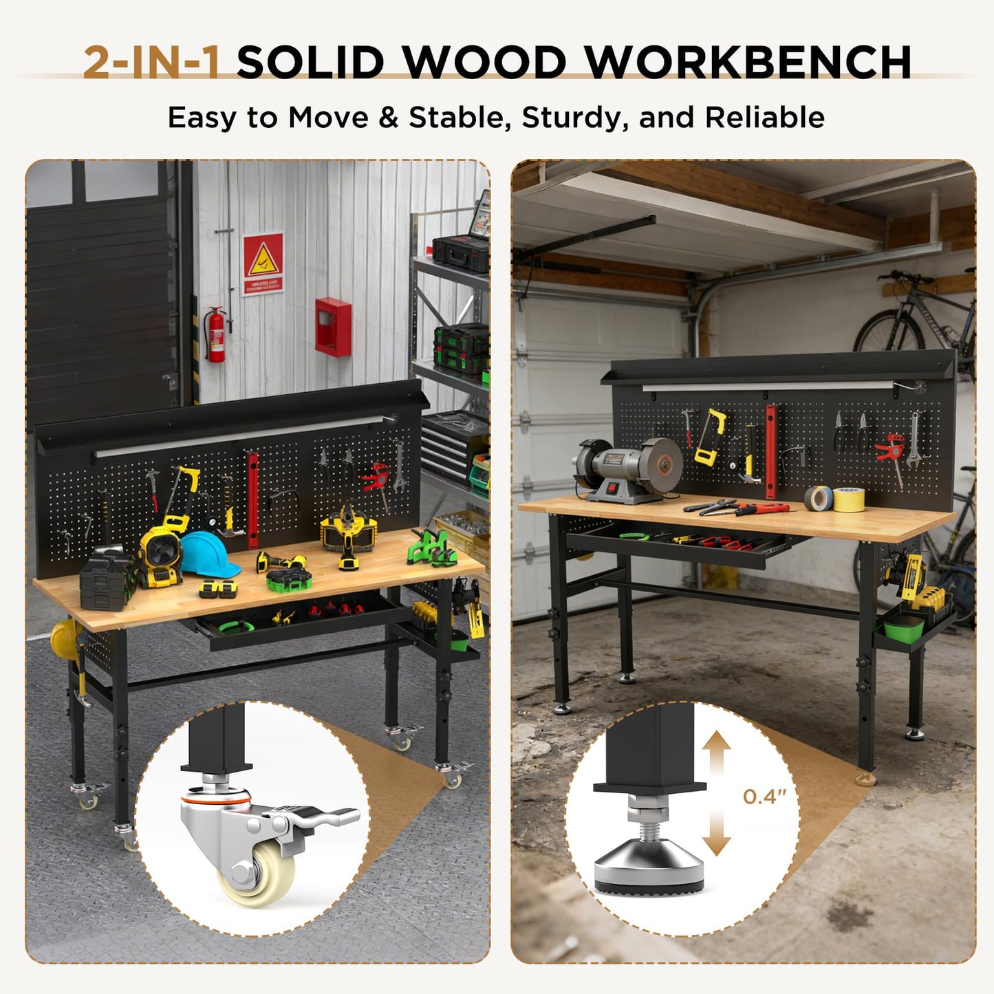 KEIKI 60 Inch Rolling Workbench with Wheels and Pegboard, Solid Wood Top Heavy Duty Steel Frame Garage Work Table with Drawers and LED Light, 2000 lbs Capacity, Adjustable Height, Black