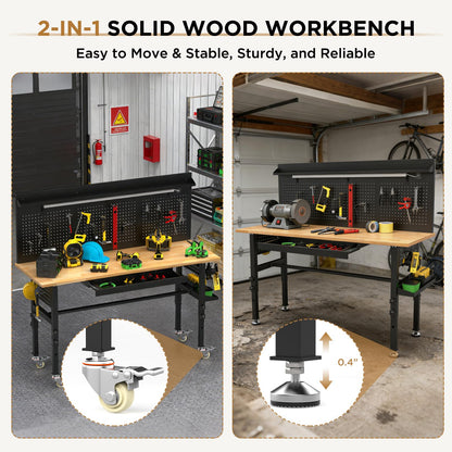 KEIKI 60 Inch Rolling Workbench with Wheels and Pegboard, Solid Wood Top Heavy Duty Steel Frame Garage Work Table with Drawers and LED Light, 2000 lbs Capacity, Adjustable Height, Black