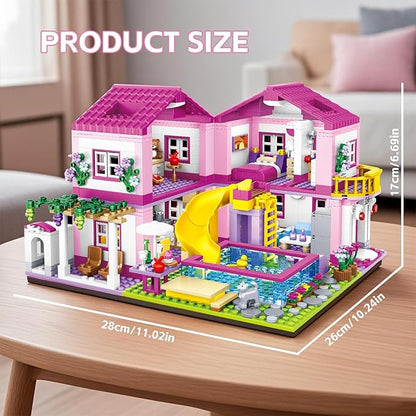 Pink Summer Pool Villa Building Block Set Friends Construction Educational Toy 1018 Pieces Gifts for Girls Teens Kids Adults Ages 6+