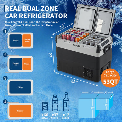Garvee 53QT Dual Zone Car Refrigerator & Portable Freezer, Compressor Cooler with App Control, -4°F to 68°F Adjustable Temperature for Camping, RV, Truck, Home Use