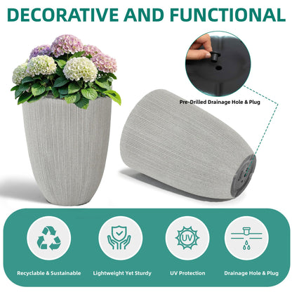 Ultym 19" Tall Beige Fluted Planters for Indoor & Outdoor, Set of 2 Large Mediterranean-Style Resin Flower Pots with Drainage Holes, UV & Weather Resistant for Patio Porch Home Office Decor