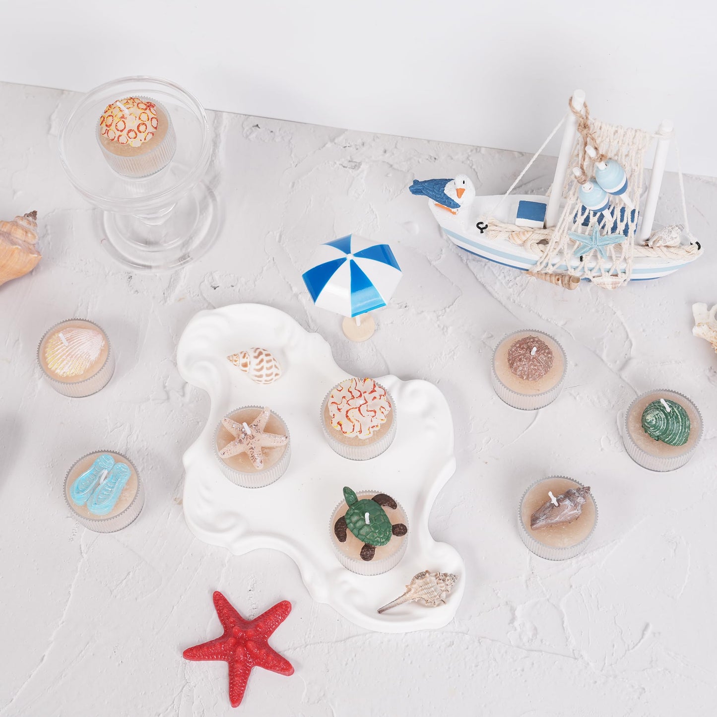 Set of 9 Handmade Unscented Ocean Theme Tealight Candles with Reusable Ribbed Cups, 5H Clean Burn, Ideal for Summer, Party, Meditation, Spa and Home Decor