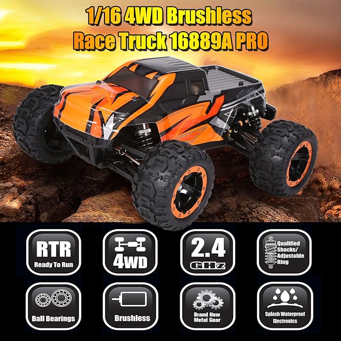 GoolRC 16889A Pro Brushless RC Cars for Adults 1:16 Scale Remote Control Car 4WD 45KM/H High Speed RC Truggy 2.4GHz All Terrains Off Road Monster Truck with 3 Batteries