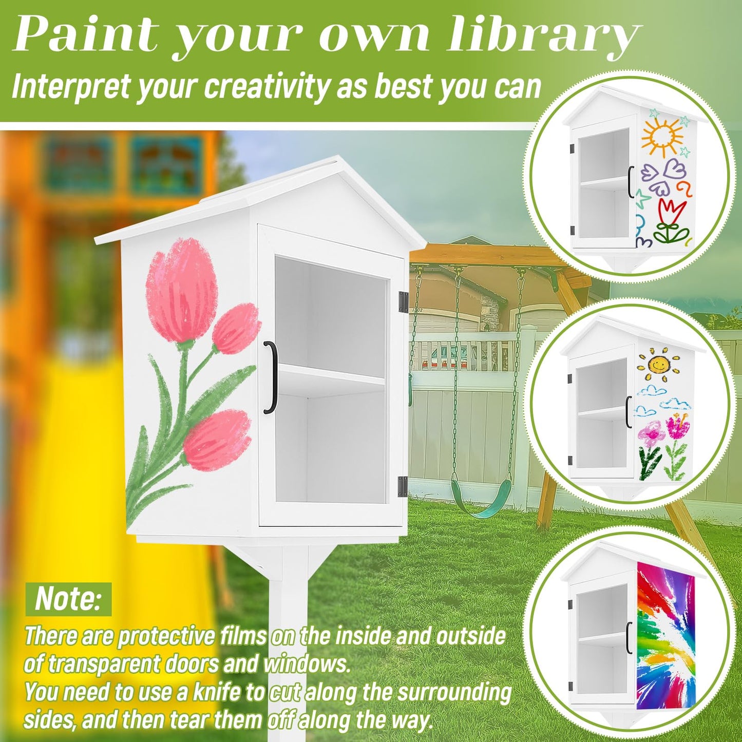 Wonderjune Little Library Box Outdoor with Floor Plugs & Flower Fence, Durable Weatherproof Solid Wood Book Exchange Box for Community, Literature, School Sharing Book(White,Steepletop)