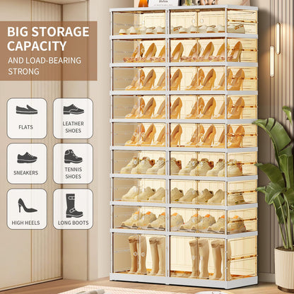 CIMLORD 9 Tier Foldable Shoe Rack for Closet Entryway 18-36 Pairs Stackable Clear Shoe Storage Boxes with Lids Large Shoes Shelf with Door Tall Plastic Organizer Cabinet Easy Assembly