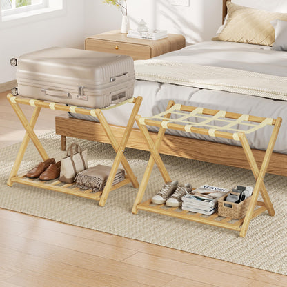 SANLUCE Fully Assembled Luggage Rack Set of 2 for Guest Room, Bamboo Suitcase Stand with Foldable Storage Shelf, Crossed Nylon Straps Folding Luggage Holder for Bedroom and Hotel, Natural