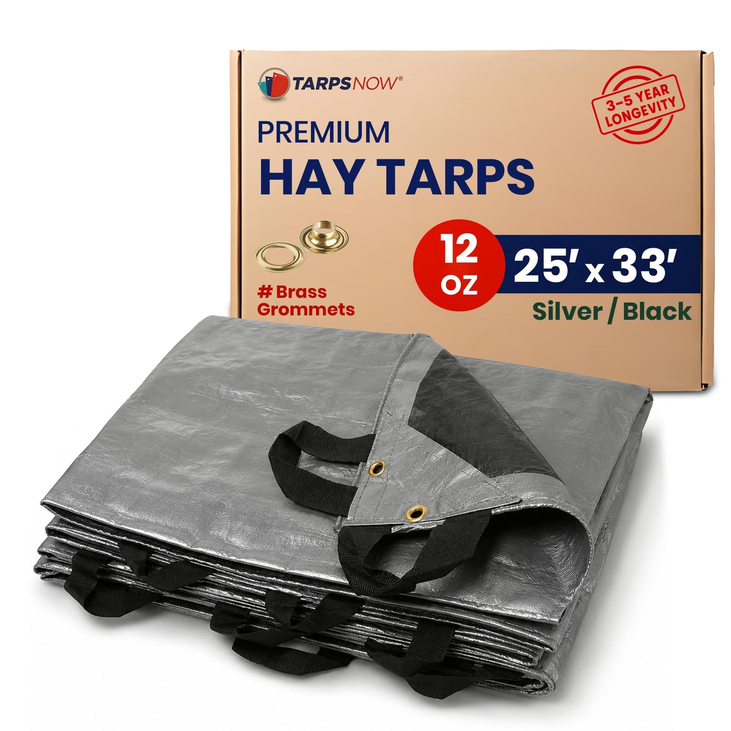 Tarps Now | Heavy Duty Waterproof Hay Tarp 25' x 33' ft | Multipurpose 12 Mil Poly Tarpaulin Sheet Cover | #2 Brass Spur Grommets | Agricultural, Camping Tents & Weather Protection | Silver & Black