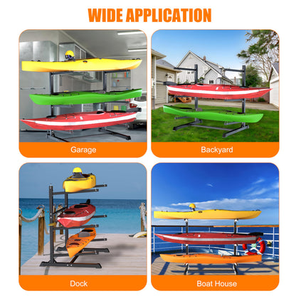 TRUSOON Outdoor Freestanding Kayak Rack, Heavy Duty Kayak Stand for 3 Kayaks, Canoe, Surfboard, Paddle Board Storage, Hold up to 600lbs, Black