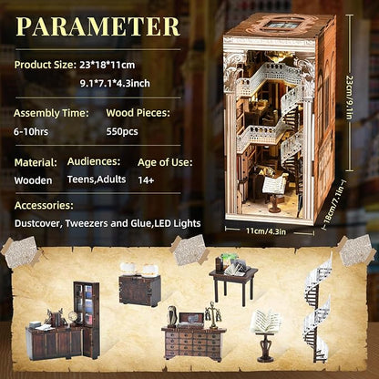 Book Nook Kit DIY Dollhouse Booknook Book Nook Miniature Kit for Bookshelf Insert Decor Crafts for Adults Teen Halloween 3D Wooden Puzzle with Led Light (Law Library)