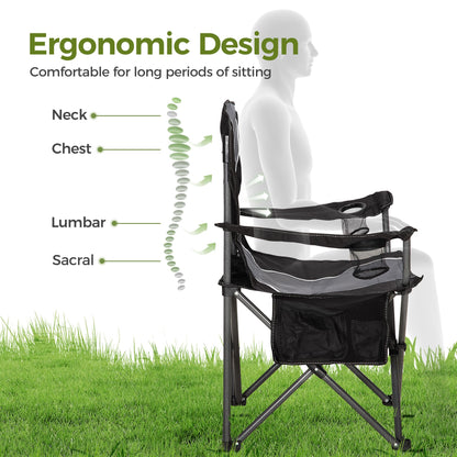 ALPHA CAMP Oversized Camping Folding Chair Heavy Duty Steel Frame Support 350 LBS Collapsible Padded Arm Chair with Cup Holder Quad Lumbar Back Chair Portable for Outdoor/Indoor (Black grey-2PC)