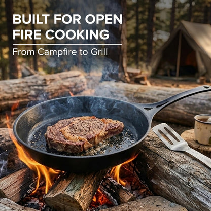 SOLIDTEKNICS 11" Outdoor Skillet Set – Naturally Seasoned Australian Iron Skillet with Stainless Steel Flipper & Mini Pan Scraper Camping Cookware for Grill, Smoker, Fire Pit & Campfire Cooking