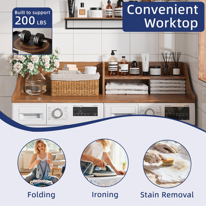 Memobarco 2 Tiers Washer Dryer Countertop, 54" Width x 27.5" Depth Laundry Countertop Organization, Wooden Washer and Dryer Topper for Folding, Sorting & Ironing, Easy to Install, Walnut