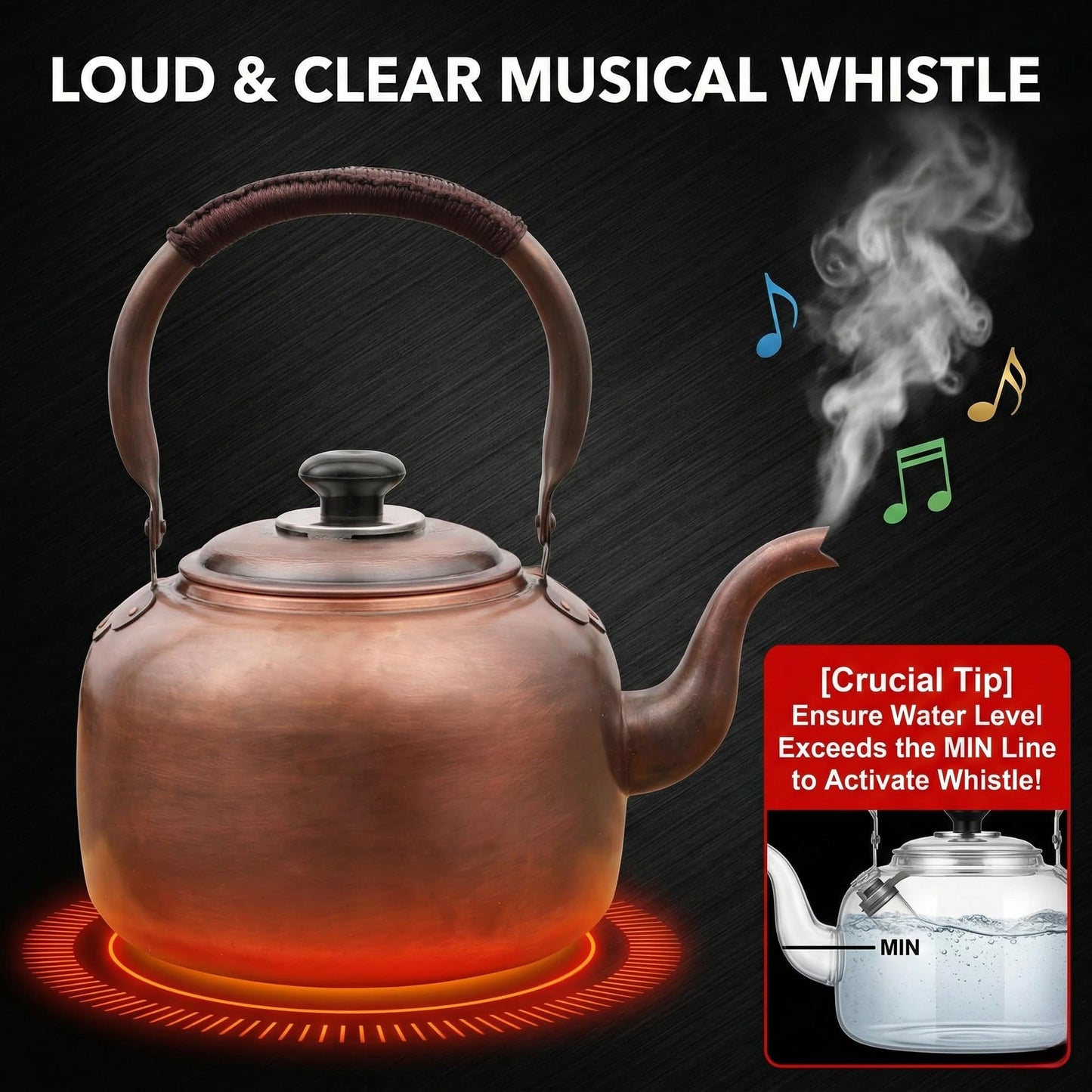 wloadry Copper Whistling Tea Kettle, Large Capacity with Cool-Touch Rope Handle,thicker Solid Copper Pot for Induction, Gas, Electric Stovetops, Fast Boiling Vintage Tea Maker (Bronze, 3.2 QT)