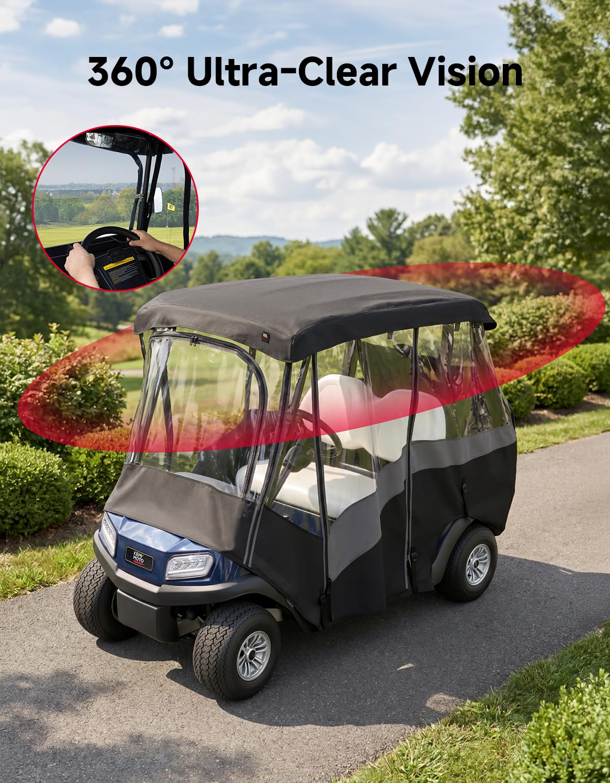 KEMIMOTO 2 Passenger Golf Cart Enclosure, Universal 2 Seat Golf Cart Rain Cover with Clear TPU Windshield, 600D Waterproof Weather Enclosure, Compatible with EZGO, Club Car