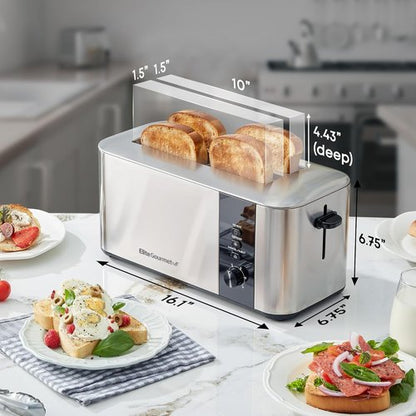 Elite Gourmet Long Slot 4-Slice Toaster - 1.5” Wide Slots, 6 Shade Settings, Stainless Steel Finish