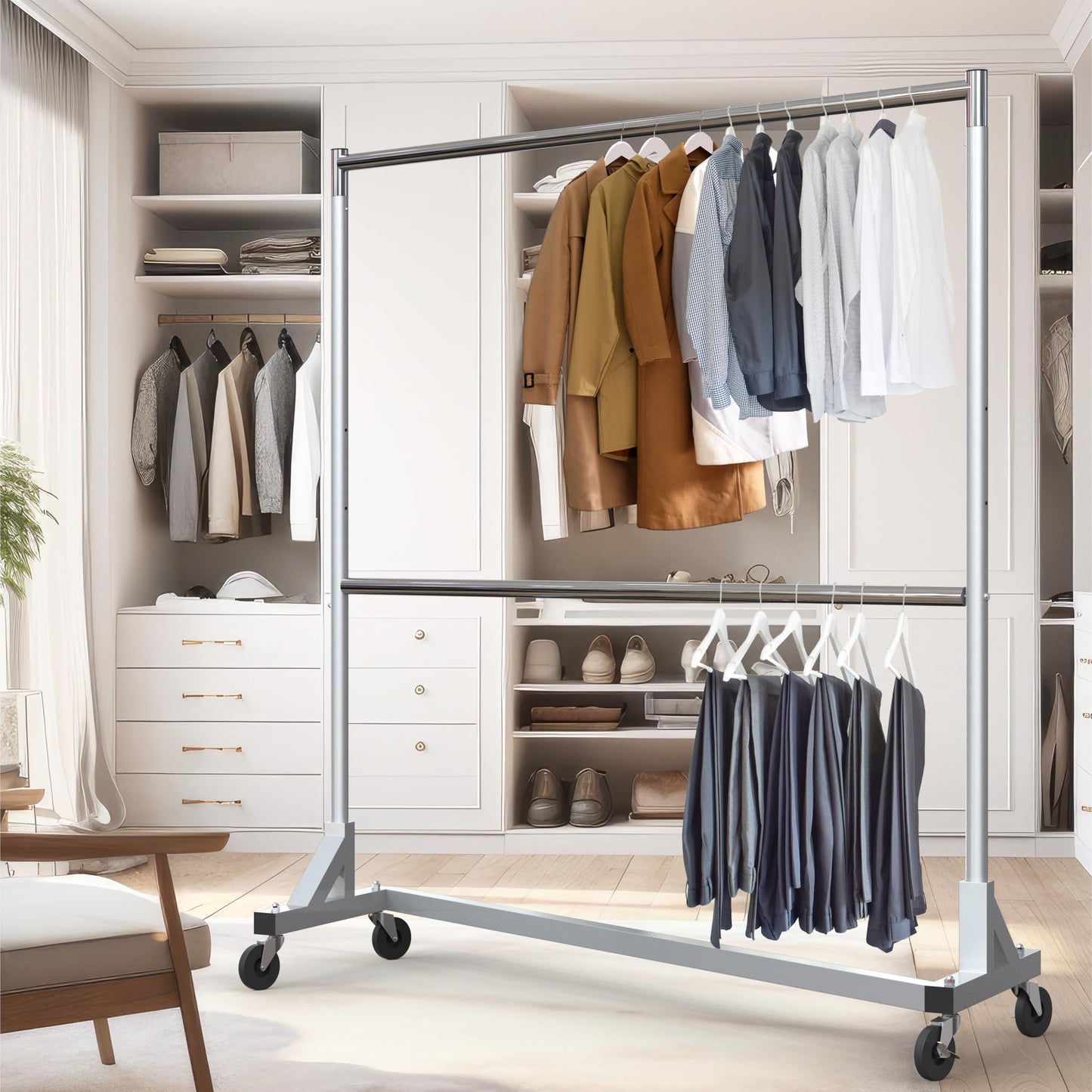 Simple Houseware Commercial Grade Z-Base Double Rod Garment Rack, 600lb Load, 63 inch, Silver