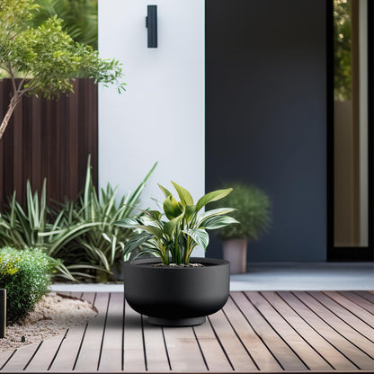 Kante 13.8 Inch Dia Concrete Bowl Planter, Large Tapered Bottom Plant Pot with Drainage, Smooth Black Finish with Painted Interior, Ideal for Porch, Home, Garden, Patio