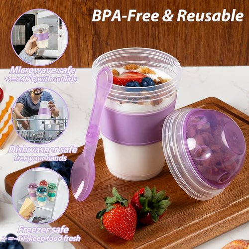 Freshmage 20 oz Yogurt Parfait Cups - Reusable Overnight Oats Containers with Lids & Spoons | 4 Pack