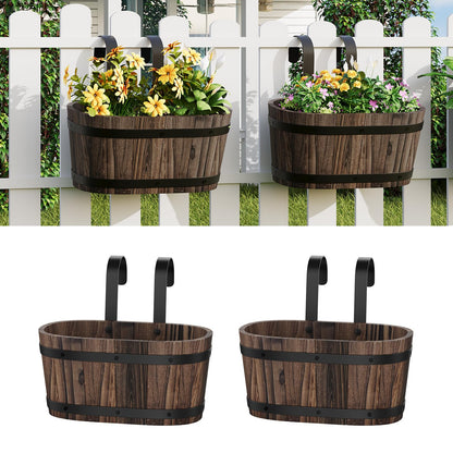 2pcs Wood Railing Planter Boxes Wooden Hanging Flower Pots for Railing Fence Outdoor Plants Wall Planters Window Flower Box Hanging Bucket Pots Countryside plant Holder (Carbonized,2pcs,Small)