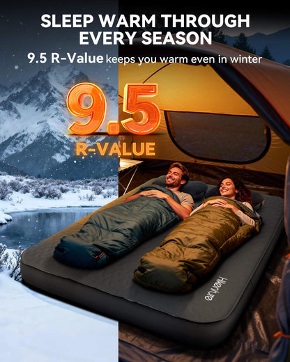 Hikenture 4" Thick Self Inflating Sleeping Pad with Electric Pump, Foam & Air Camping Mattress 2 Person Queen, 9.5 R-Value Insulated Sleeping Mat, Portable Double Camping Pad for Tent, Car, Truck