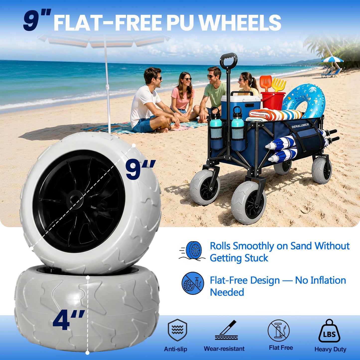 X800 Heavy Duty Beach Wagon with 9x4 Sand-Proof All-Terrain Wheels, 300L Oversized Foldable Wagon Cart with Side Bag, All-Terrain Utility Wagon for Beach Essentials, Sport, Camping（Navy Blue）