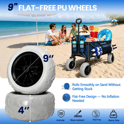 X800 Heavy Duty Beach Wagon with 9x4 Sand-Proof All-Terrain Wheels, 300L Oversized Foldable Wagon Cart with Side Bag, All-Terrain Utility Wagon for Beach Essentials, Sport, Camping（Navy Blue）