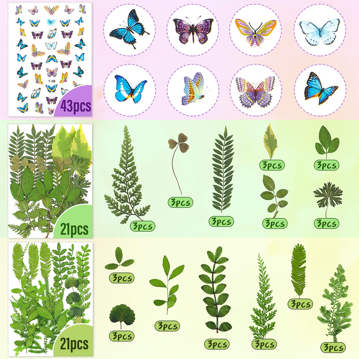 Nuanchu 223 Pcs Real Dried Pressed Flowers for Crafts Natural Dried Leaves and Butterfly Stickers Set Colorful Daisy Flowers and Adhesive Butterfly Decals for DIY Resin Jewelry Nail Crafts Floral Art