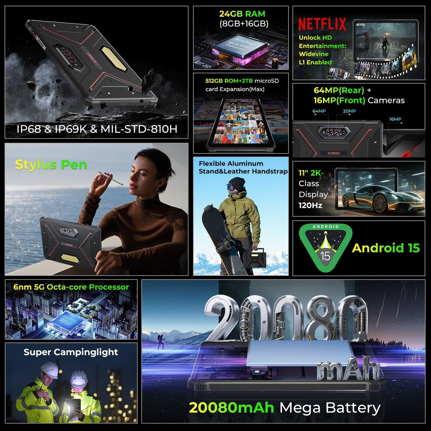 HOTWAV R9 Ultra 5G 2025 Rugged Tablet Android 15, 11" FHD+ 120Hz 20080mAh Waterproof Tablet with Pen, Octa-Core 24GB+512GB/2TB TF, 64MP+16MP+20MP, Gemini AI/IP68&IP69K/5G LTE&WiFi/Face ID/OTG/GPS