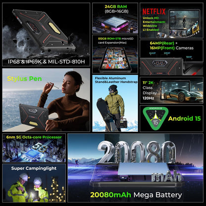 HOTWAV R9 Ultra 5G 2025 Rugged Tablet Android 15, 11" FHD+ 120Hz 20080mAh Waterproof Tablet with Pen, Octa-Core 24GB+512GB/2TB TF, 64MP+16MP+20MP, Gemini AI/IP68&IP69K/5G LTE&WiFi/Face ID/OTG/GPS
