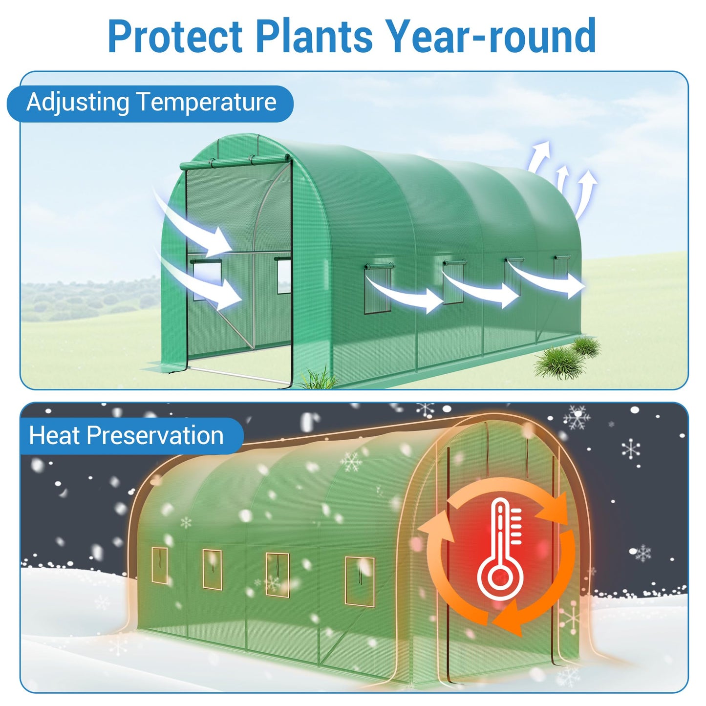 Heavy Duty Walk-in Greenhouse for Outdoor Gardening, Plant Growth with Galvanized Steel Frame, Green PE Cover, Roll-Up Door & 8 Vent Windows for Year-Round Gardening