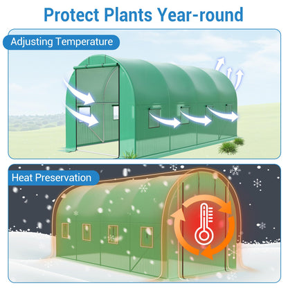 Heavy Duty Walk-in Greenhouse for Outdoor Gardening, Plant Growth with Galvanized Steel Frame, Green PE Cover, Roll-Up Door & 8 Vent Windows for Year-Round Gardening
