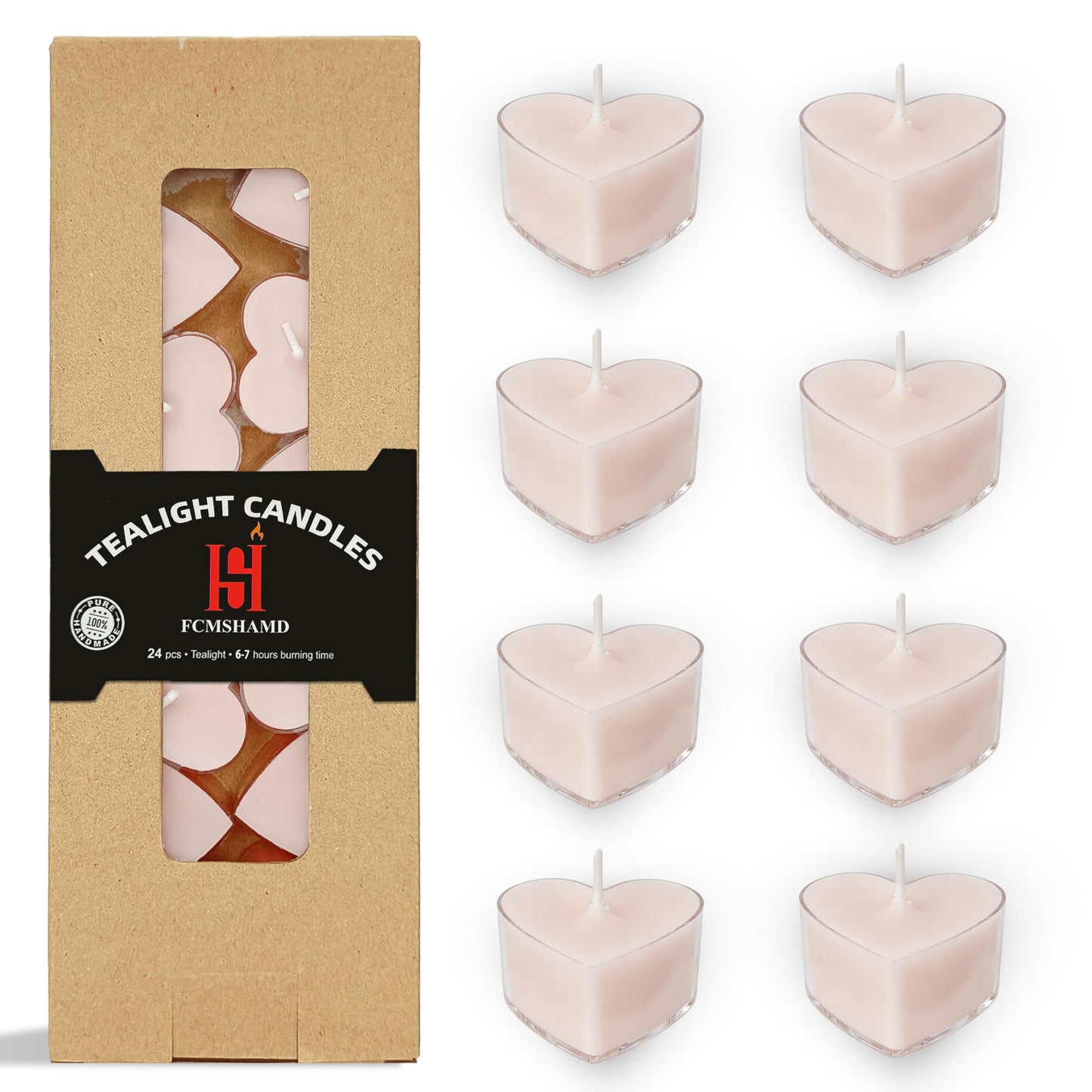 Pink Heart Tea Lights Set of 24, Handmade Tealight Candles with Gardenia Scent, Long Burning Tea Candles, Tealights for Wedding Meditation Home Spa Decor Gift