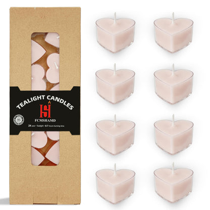 Pink Heart Tea Lights Set of 24, Handmade Tealight Candles with Gardenia Scent, Long Burning Tea Candles, Tealights for Wedding Meditation Home Spa Decor Gift