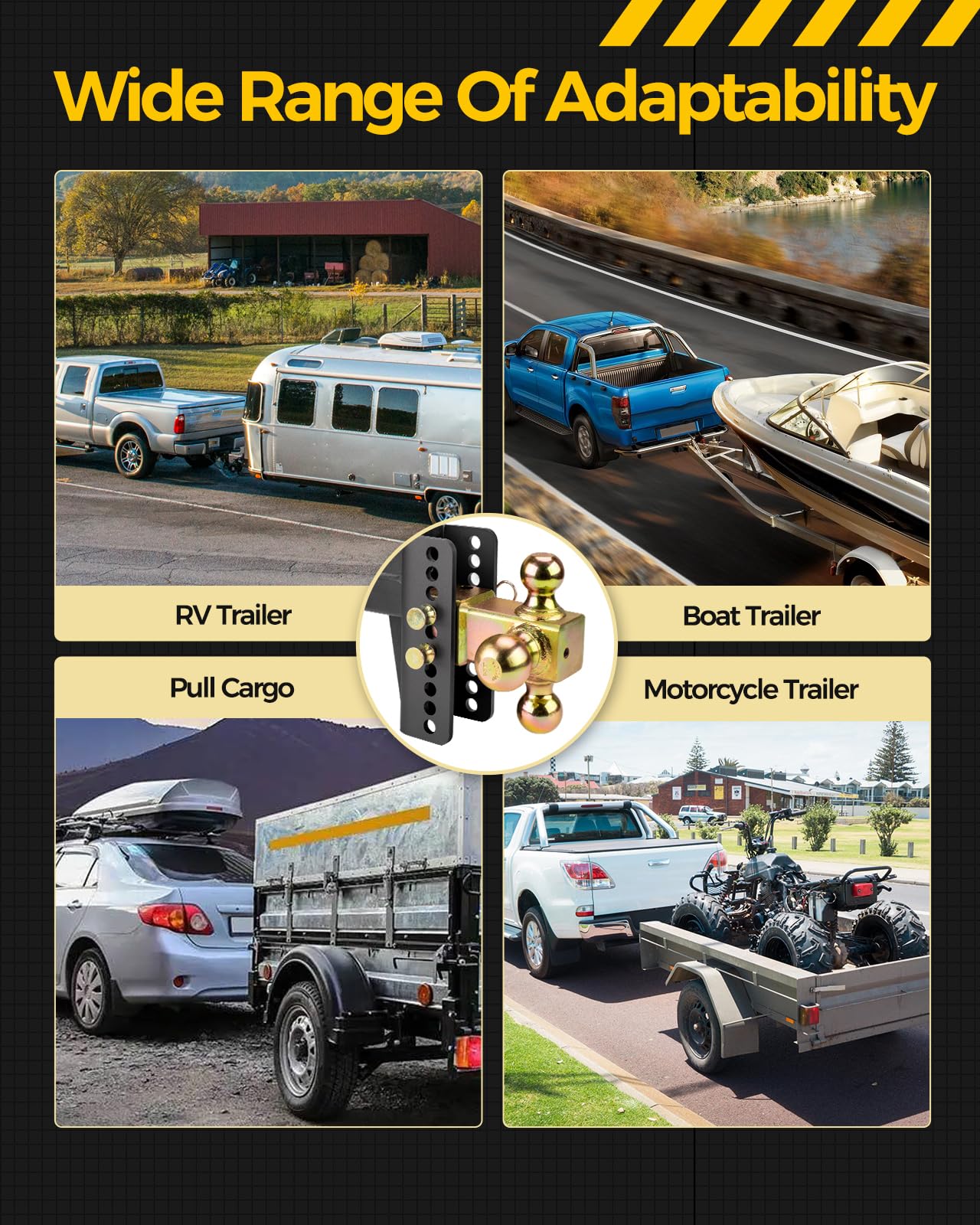Adjustable Trailer Hitch -Drop Hitch-Tow Hitch with 2 inch Receiver-6inch Drop/Rise, （1-7/8" & 2" & 2-5/16" Ball Hitches for Trucks, 20,000 LBS GTW, Trailer Hitches with Anti-Theft Pin, Black