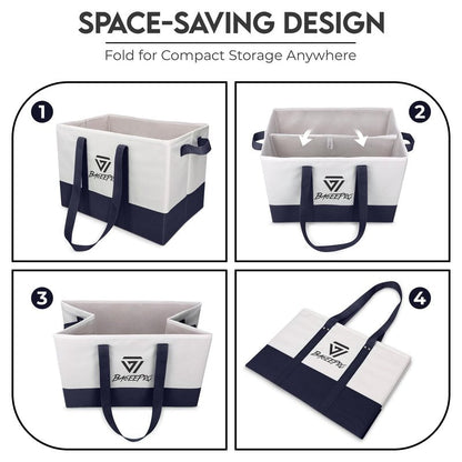BageePro 2Pack Collapsible Tote Bags | Reusable Grocery Bag | Foldable Heavy Duty Shopping Bags with Handles for Food, Storage, and Groceries | Large Utility Tote Organizer | Navy Blue