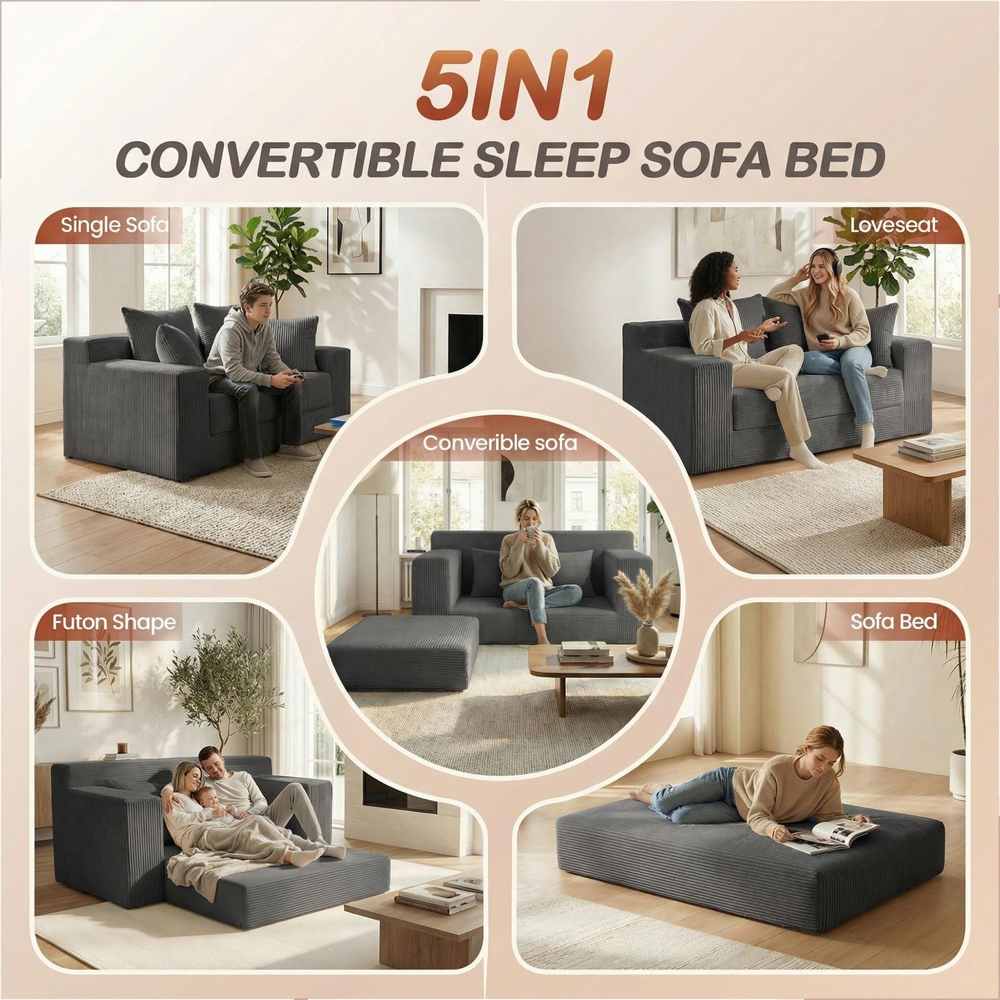 AOLVDOW Convertible 5 in 1 Futon Sofa Bed Full Size, Corduroy Boneless Couch Sleeper Sofa with 4 Pillows, Foldable Pull Out Loveseat Floor Mattress for Living Room, Apartment, Small Space & Dorm