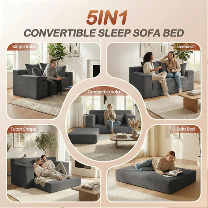 AOLVDOW Convertible 5 in 1 Futon Sofa Bed Full Size, Corduroy Boneless Couch Sleeper Sofa with 4 Pillows, Foldable Pull Out Loveseat Floor Mattress for Living Room, Apartment, Small Space & Dorm